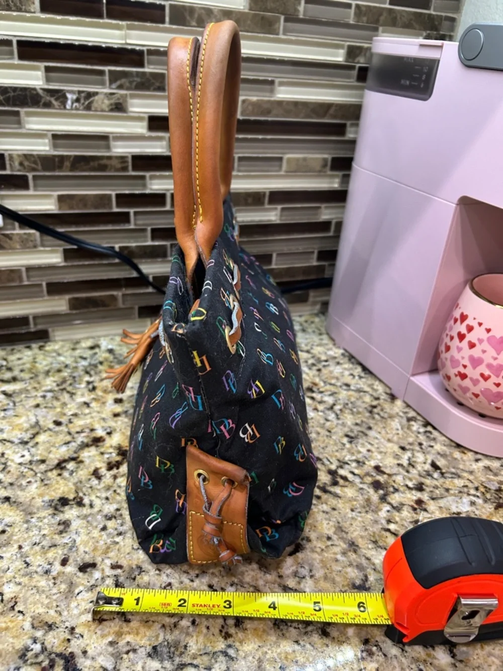 Dooney & Bourke Uncoated Black Multicolor DB Logo Tote with Tan Leather Handles